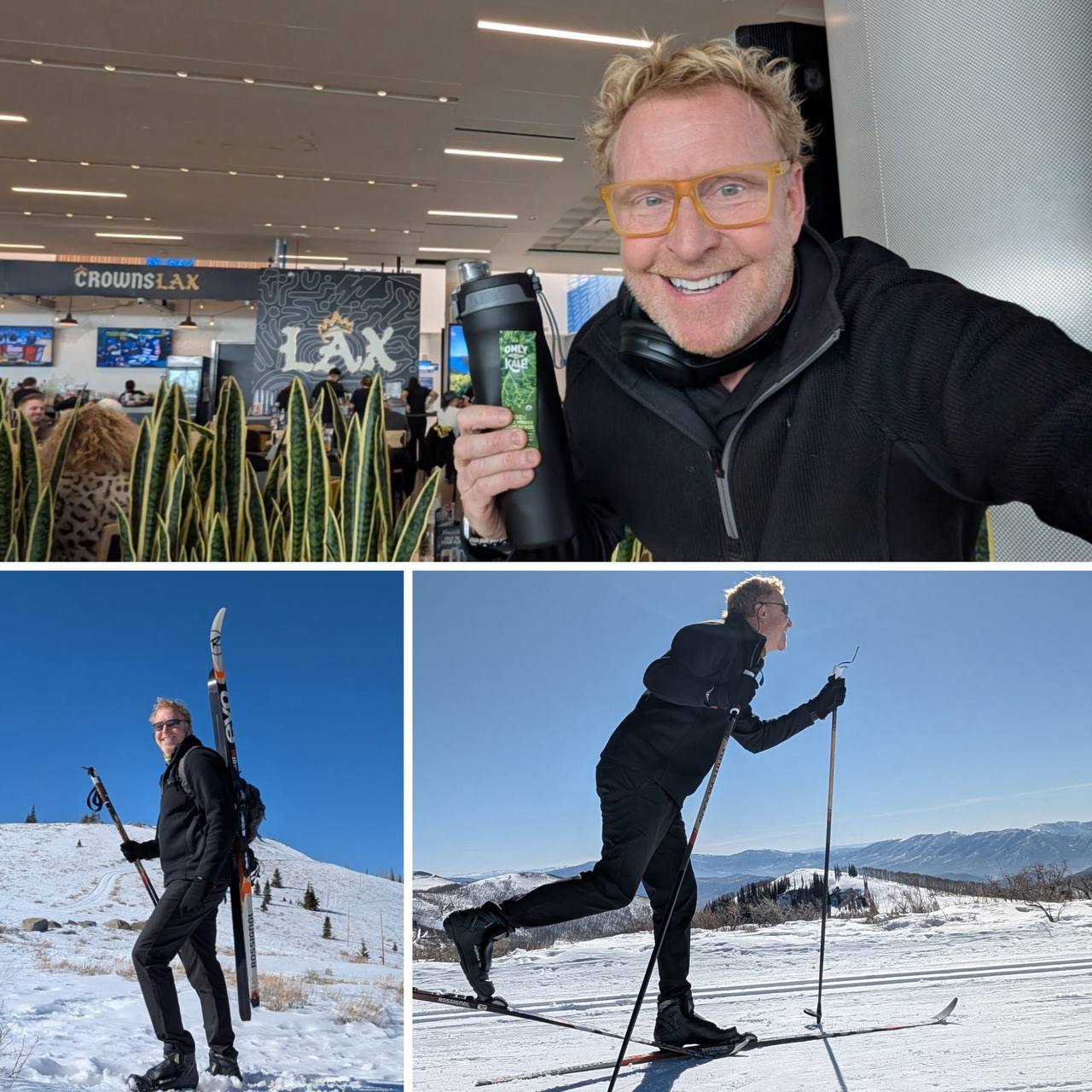 Charlie Szoradi back on the slopes — skiing and cross-country skiing in the mountains, with an OnlyKale bag at LAX
