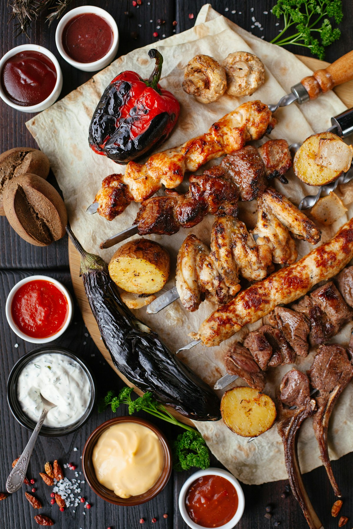 Grilled food on BBQ with smoke
